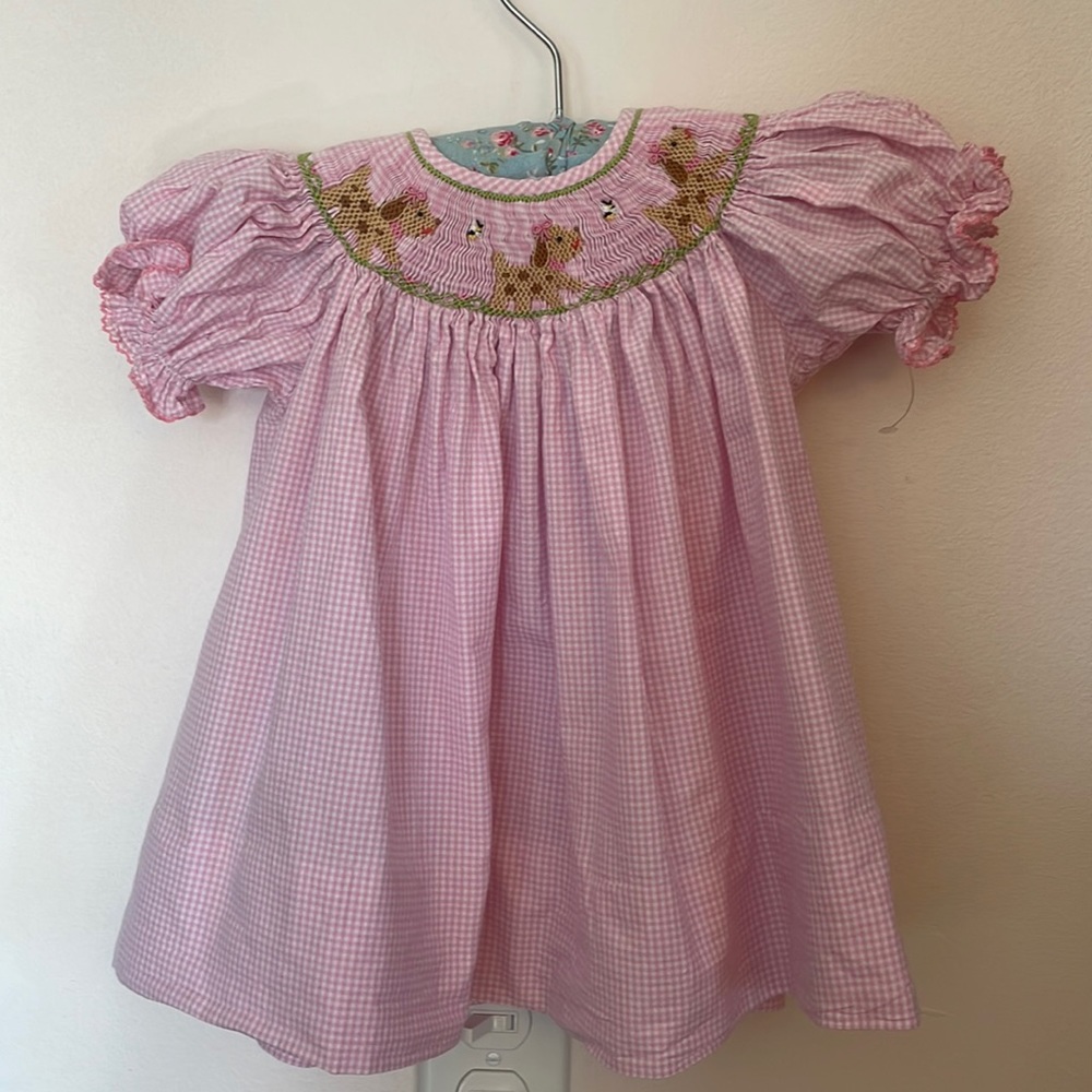 Smocked pink checkered puppy dress
